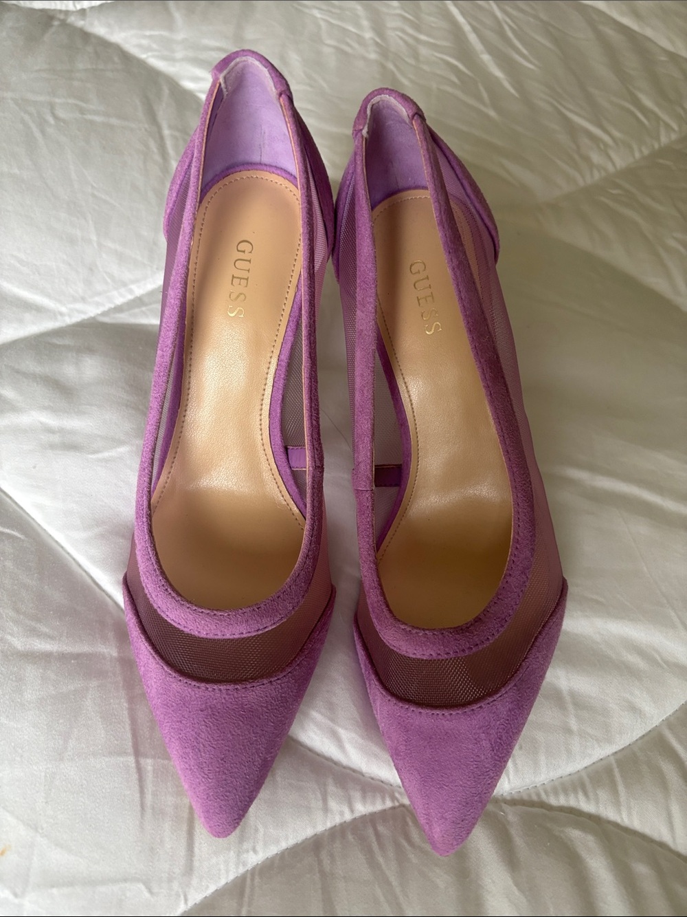 GUESS lilac Suede Pointed-Toe Mesh Pumps